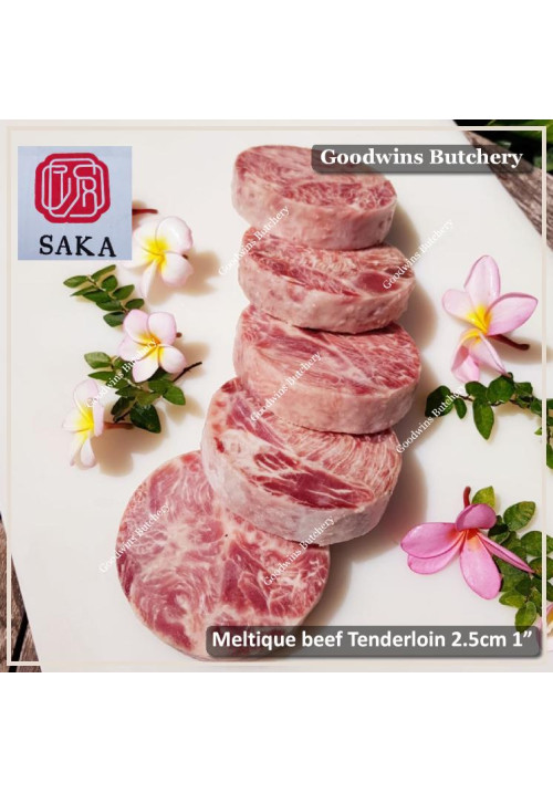 Beef Eye Fillet Mignon Has Dalam TENDERLOIN MELTIQUE meltik (wagyu alike) SAKA frozen STEAK 2.5cm 1" @ 250g (price/pack 500g 2pcs)